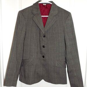 Devon-Aire Gray Camel Plaid Show Coat Jacket Girls 12 Poly Wool Stretch Equestri